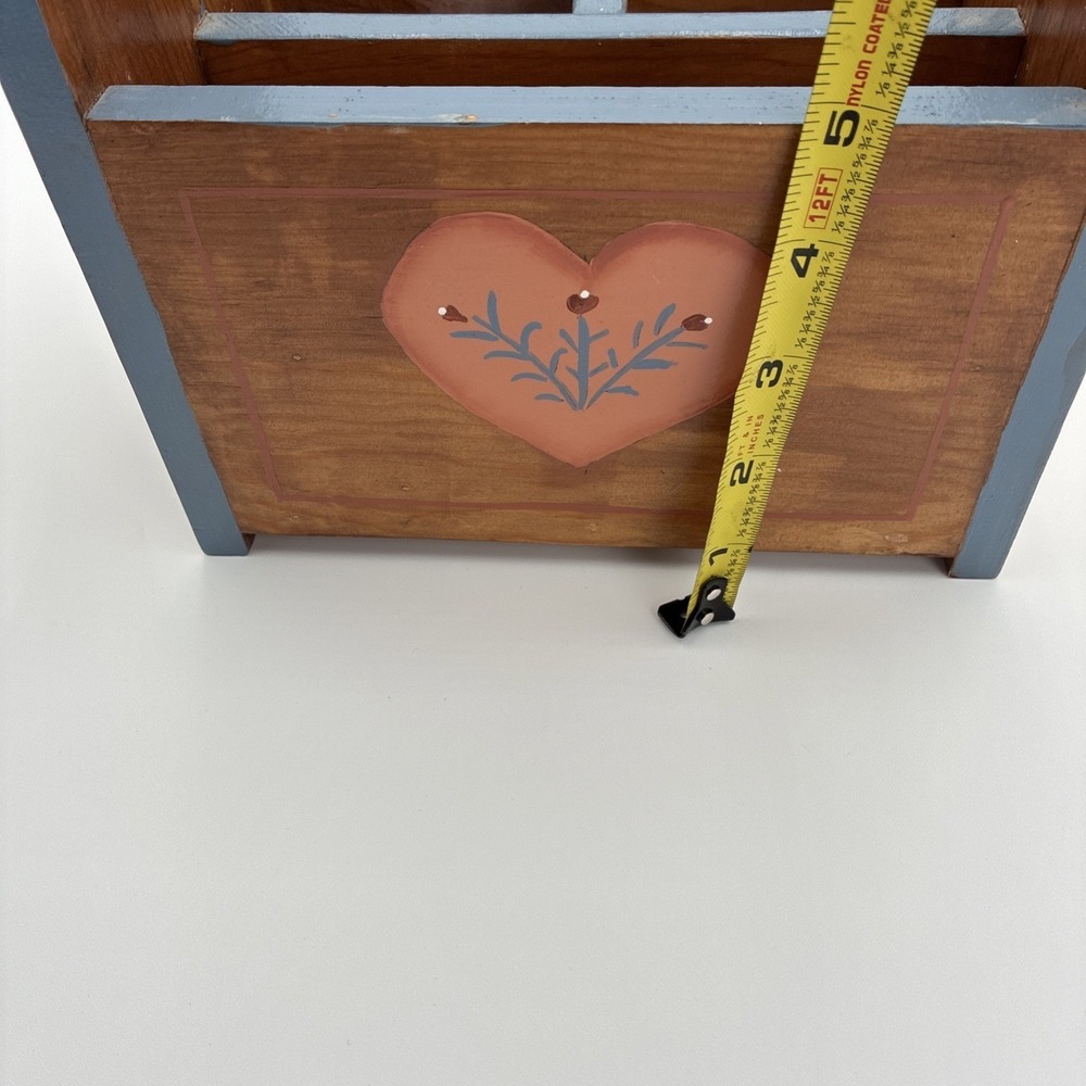 Vtg Hand Painted Wooden Caddy Folk Art Heart Duck Country craft Organizer Blue - Picture 8 of 15